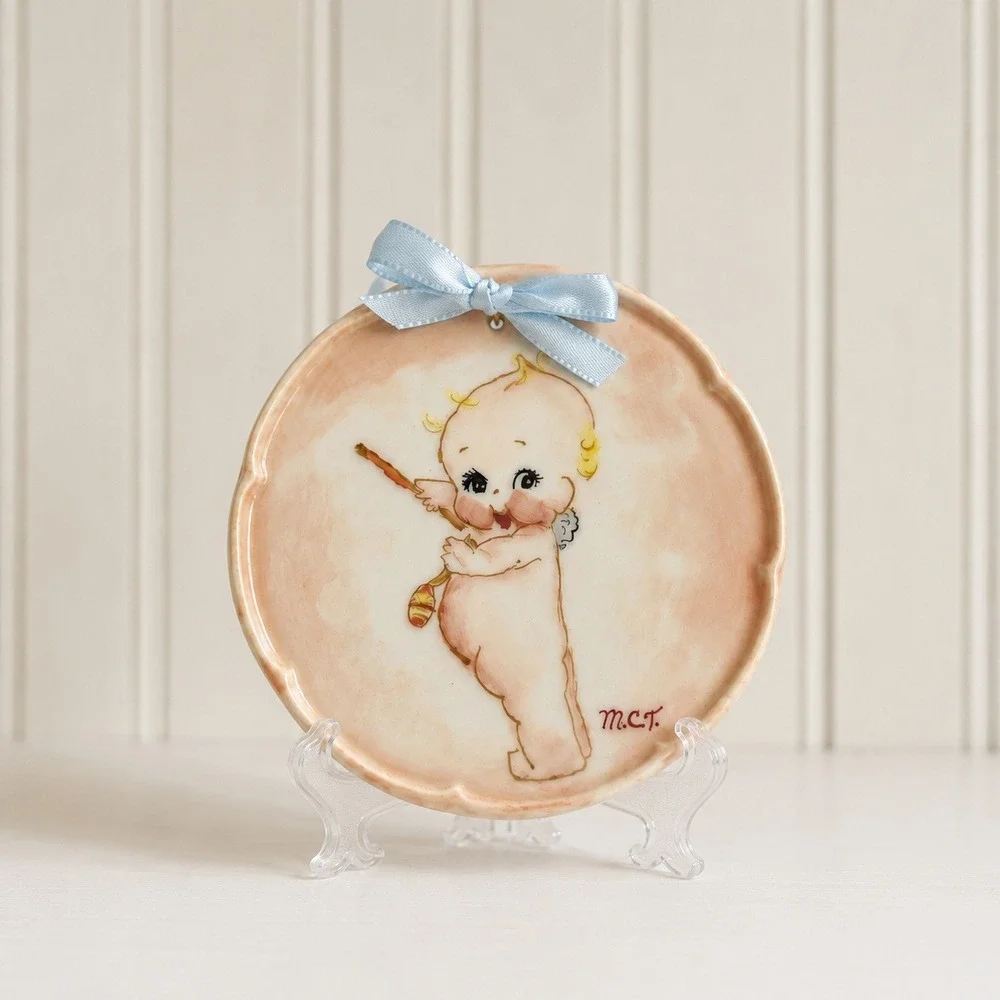 Vintage Kewpie Baby Wall Plaque Hand Painted Ceramic Porcelain Pink Blue 3.5